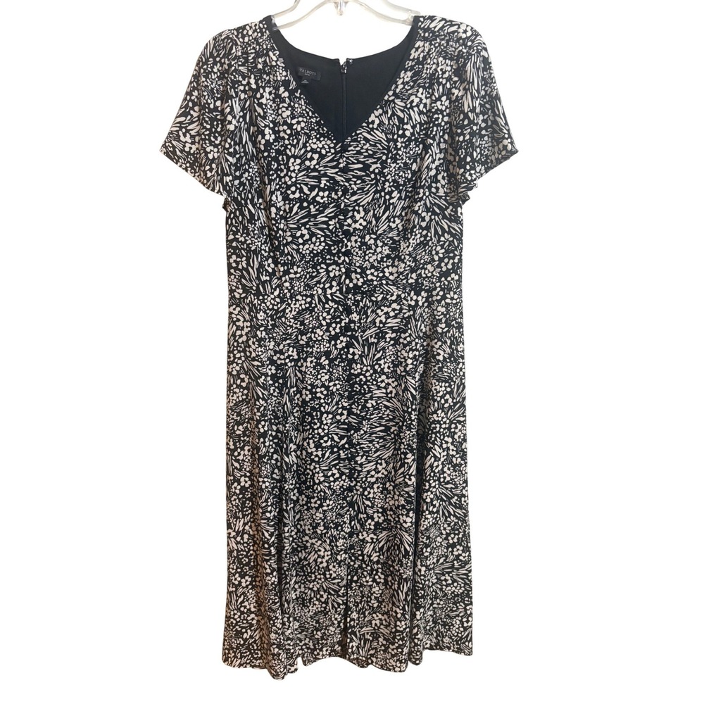 Talbots Floral Midi Dress Womens 8P Black White Excellent V-Neck Flutter Sleeve